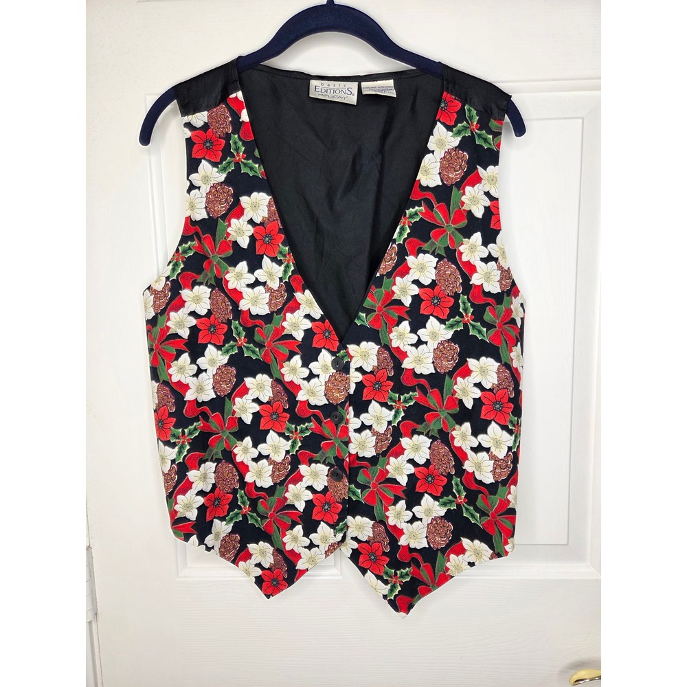 Basic Editions Holiday Christmas Vest XL Poinsettia Pinecone Floral Black Red